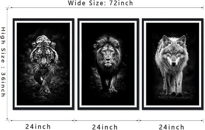 Tiger Lion Wolf Walking Framed Canvas Wall Art Ferocity Wildlife Animals Poster Wall Decor for Country Living Room Office Modern Black White Animal Artwork Decoration Easy to Hand 24x36inchx3pcs