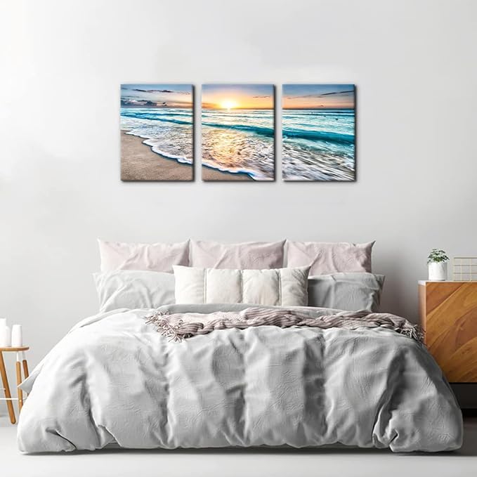 Pacimo 3 Panels Beach Canvas Wall Art for Home Decor Blue Sea Sunset White Beach Painting The Picture Print on Canvas Seascape The Pictures for Home Decor Decoration Ready to Hang - 12" x 16" x 3