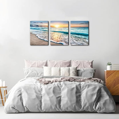 Pacimo 3 Panels Beach Canvas Wall Art for Home Decor Blue Sea Sunset White Beach Painting The Picture Print on Canvas Seascape The Pictures for Home Decor Decoration Ready to Hang - 12" x 16" x 3