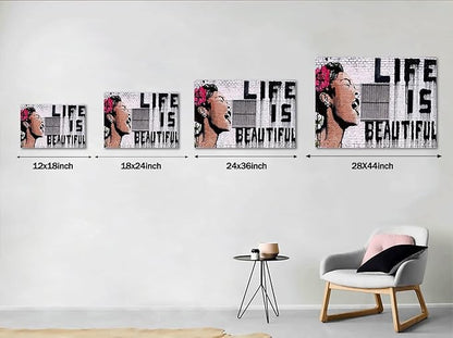 Yatsen Bridge Graffiti Street Art Banksy Art Women Painting Print on Canvas Life is Beautiful Home Artwork for Living Room Bedroom Decoration Framed Ready to Hang - 36" W x 24" H