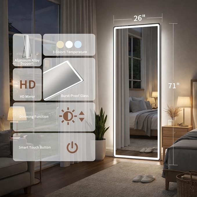71" x 26" Arched Full Length Mirror with LED Lights, Floor Mirror with Stand, Wall Mirror Full Length, Body Floor Mirror, Wall Mounted Mirror for Bedroom, Dimmable, Tempered Glass
