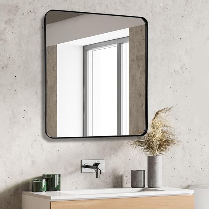JISOSO Black Bathroom Mirror 38X38 Inch, Black Metal Framed Mirror for Wall, Rounded Rectangle Matte Bathroom Vanity Mirror with Tempered Glass, Anti-Rust, Horizontal/Vertical