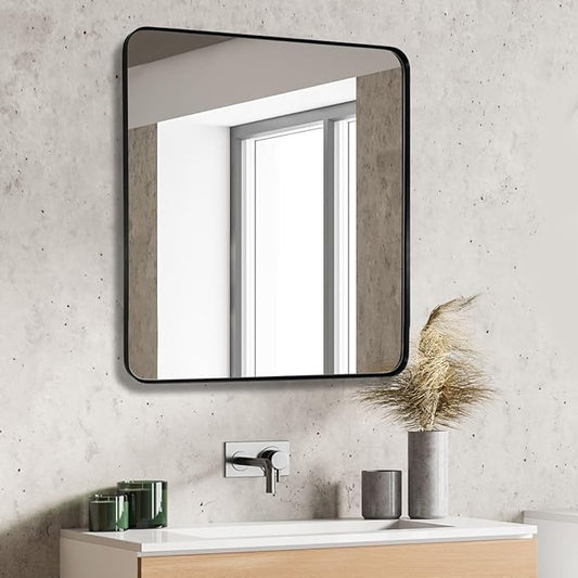 JISOSO Black Bathroom Mirror 38X38 Inch, Black Metal Framed Mirror for Wall, Rounded Rectangle Matte Bathroom Vanity Mirror with Tempered Glass, Anti-Rust, Horizontal/Vertical