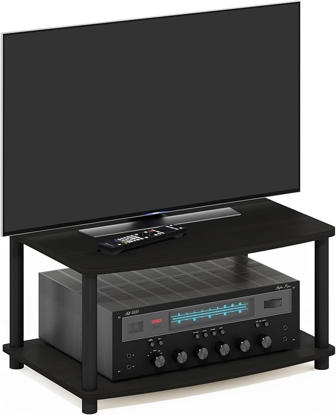 Furinno TURN-N-TUBE TV Riser Stand, 2-Tier Small Elevated No Tools TV Stand with Plastic Poles, Console for TV up to 32 inch, 15.8 x 23.8 x 11, for Living Room, Bedroom, Espresso