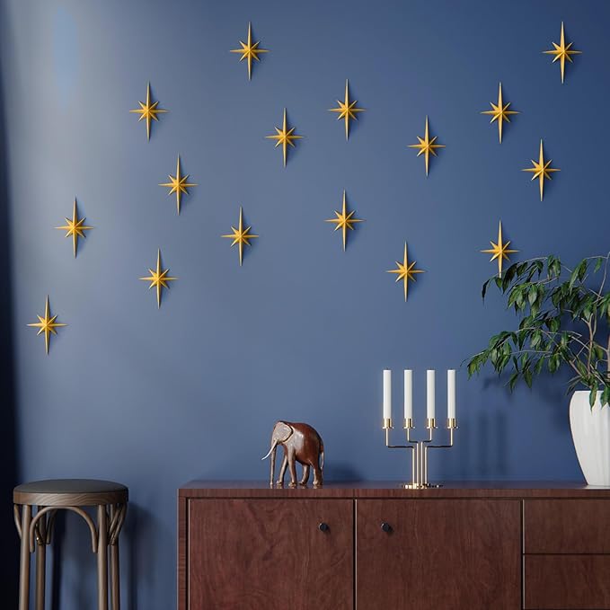 MidModArt 16PCS Mid Century Modern 3D Star Wall Art Gold Retro Starburst Sculptures Vintage Celestial Home Decor, Gold Starburst-Combo