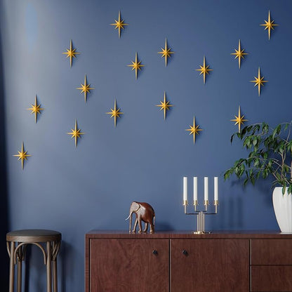 MidModArt 16PCS Mid Century Modern 3D Star Wall Art Gold Retro Starburst Sculptures Vintage Celestial Home Decor, Gold Starburst-Combo