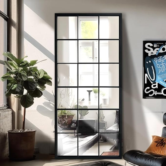 OUSHUAI Balck Full Length Mirror,Window Pane Grid Minimalism Long Floor Wall Mounted Mirrors for Entryway,Hallway,Living Room,Fireplace 22"X53"