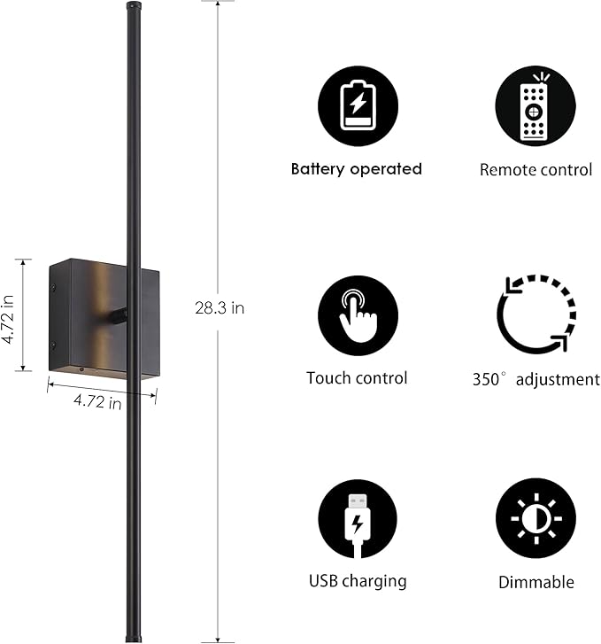 KARTOOSH 28.3 Inch Battery Operated Wall Sconces 3000K Warm White LED Wall Lights Remote Control Dimmable Set of Two 350°Rotate Wireless Lamps Home Decor for Living Room Hallway Bedroom, Black 2 Pack