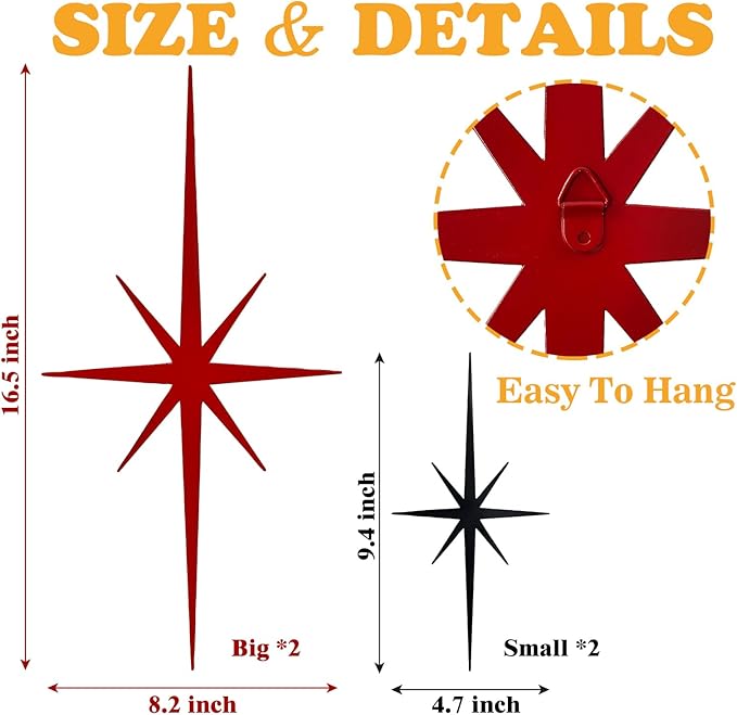sxnzequnze 4 Pcs. Star Wall Art for Home Decor Living Room Bedroom Office Metal 3D,Bling,with Hanging Hook Starburst Midcentury Sculpture Retro Gallery Accent Celestial -Gold 16.5In/9.4In