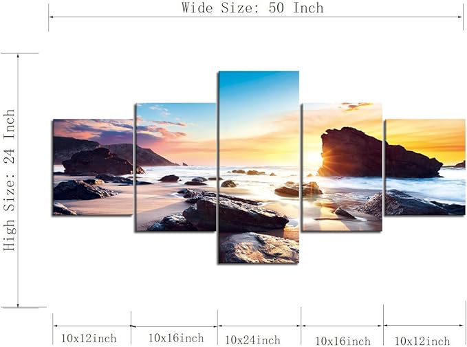 Sunset Beach Rocks Landscape Picture Modern Painting on Canvas 5 Panels Set Framed Wall Art for Living Room Bedroom Kitchen Home Decor Stretched Gallery Canvas Wrap Giclee Print (50''W x 24''H)