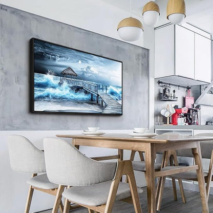 ERQINHUA Large Canvas Wall Decor For Living Room Wall Art For Bedroom Office Wall Decorations Black Frame Blue Wave Landscape Painting Artwork For Modern Stretched and Framed Beach Posters 24"X48"