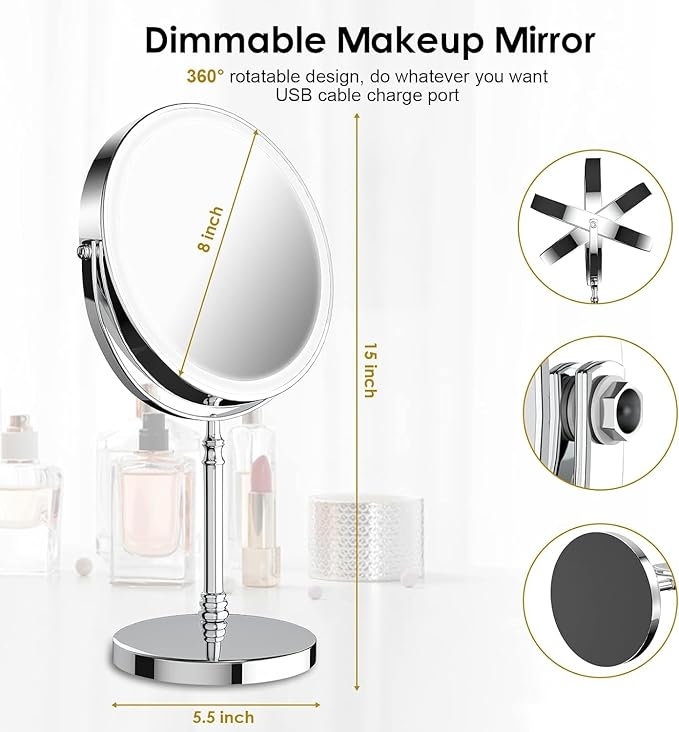 DEIOVWXS Makeup Mirror, 3000mAh Rechargeable Double-Sided Magnifying Vanity Mirror with 3 Colors, 1X/10X, Adjustable Brightness, Gifts for Mom, Mothers Day, Women, Wife, Girls, Dorm Room Essential