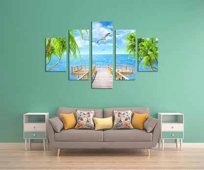 Landscape Seagulls Palm Scene Picture Modern Painting on Canvas 5 Panels Combination Set Framed Wall Art for Living Room Bedroom Home Decor Stretched Gallery Wrap Giclee Print (60''W x 40''H)