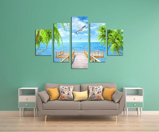 Landscape Seagulls Palm Scene Picture Modern Painting on Canvas 5 Panels Combination Set Framed Wall Art for Living Room Bedroom Home Decor Stretched Gallery Wrap Giclee Print (60''W x 40''H)
