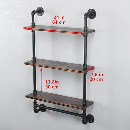 MBQQ Iron Pipe Shelves Industrial Bathroom Shelves with Towel bar,24in Rustic Metal Pipe Floating Shelves Pipe Wall Shelf,3 Tier Industrial Shelf Wall Mounted,Retro Black