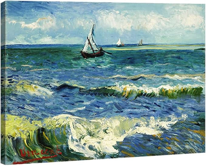 Wieco Art Seascape at Saintes Maries by Vincent Van Gogh Oil Paintings Reproduction Modern Wrapped Giclee Canvas Prints Sea Pictures on Canvas Wall Art for Living Room Home Office Decorations
