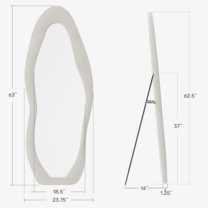 Full Length Mirror, 63"x24" Full Body Mirrors, Flannel Floor Mirrors with Stand, Irregular Wavy Mirror Hanging or Leaning Against Wall for Bedroom Living Room, Beige
