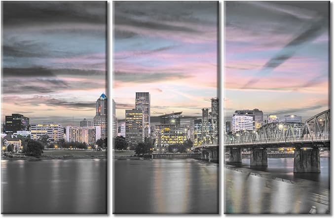 TUMOVO American Cityscape Canvas Wall Art Portland Oregon USA Skyline at Dusk on the Willamette River Pictures Black and White Wall Art 3 Panel Posters and Prints Framed Ready to Hang (42" Wx28 H)