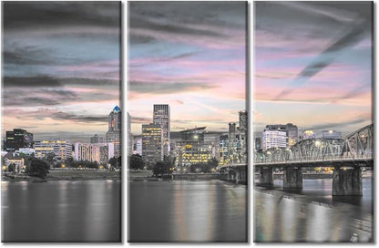 TUMOVO American Cityscape Canvas Wall Art Portland Oregon USA Skyline at Dusk on the Willamette River Pictures Black and White Wall Art 3 Panel Posters and Prints Framed Ready to Hang (42" Wx28 H)