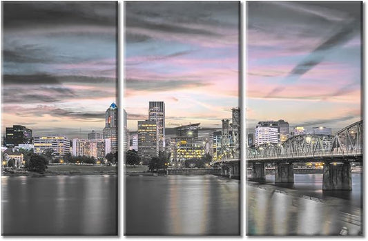 TUMOVO American Cityscape Canvas Wall Art Portland Oregon USA Skyline at Dusk on the Willamette River Pictures Black and White Wall Art 3 Panel Posters and Prints Framed Ready to Hang (42" Wx28 H)
