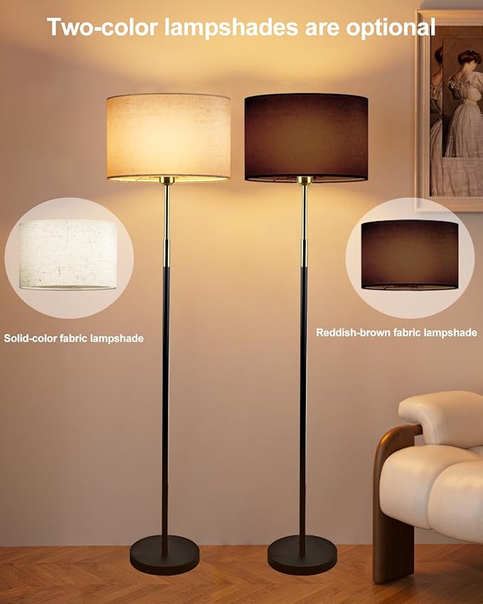 Lightdot 60IN LED Floor Lamp for Living Room, Mid Century Floor Lamps with 2 Color(Off-White, Red-Brown) Fabric Shades, Industrial Floor Lamps, Standing Tall Lamp for Bedroom, Home Office-Black