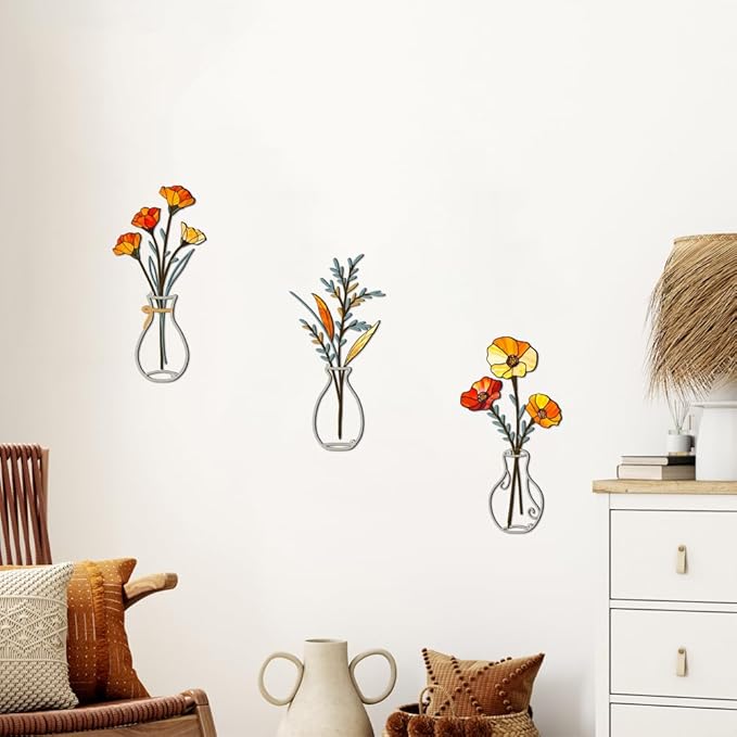Tumwisk 3 Pieces Metal Flowers Wall Arts - Minimalist Orange Flower Wall Decor for Rustic Farmhouse Kitchen Bedroom Living Room Vintage Decorative Floral Art Housewarming Gifts