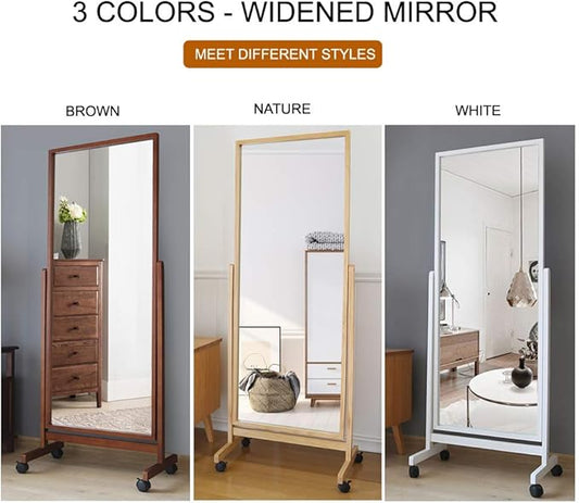 Swivel Full Length Mirror on Wheels 65"x22", Free Standing Wood Frame Cheval Floor Mirror for Dressing, Full Body with Stands, Tilt Angle Adjustable, Brown