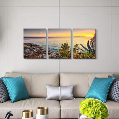 Canvas Wall Art for living room bathroom Wall Decor for bedroom artwork Canvas Prints sun ocean landscape painting 12" x 16" 3 Pieces framed office family wall decorations Pale yellow kitchen picture