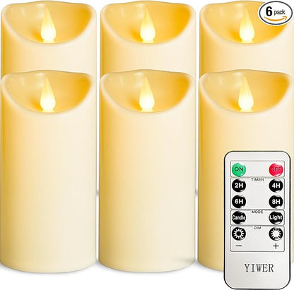 YIWER Plastic Battery Operated Candles,Pack of 6 Flameless LED Candle with 10 Key Remote and Timer Electric Fake Flickering Light D3”H6” Last 200 Hour