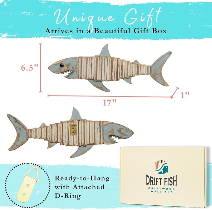 Driftwood Fish Nautical Wall Decor - Handmade Wooden Rustic Coastal Wall Art for Living Room, Bedroom, Office, Bathroom - Ocean Beach Decoration (Raya)