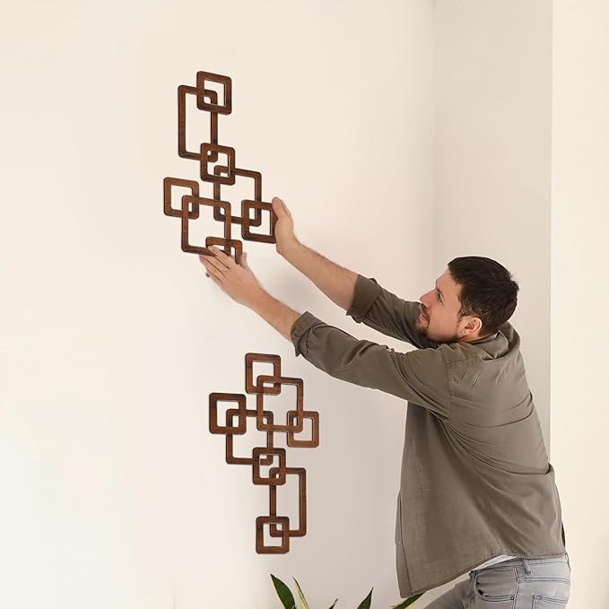 CroBlissful 2 Pcs Wooden Mid Century Modern Wall Decor 3D Mid Century Modern Elegance Wall Accents Vintage Abstract Geometric Panels Art for Home Room(Classic Style,Brown)