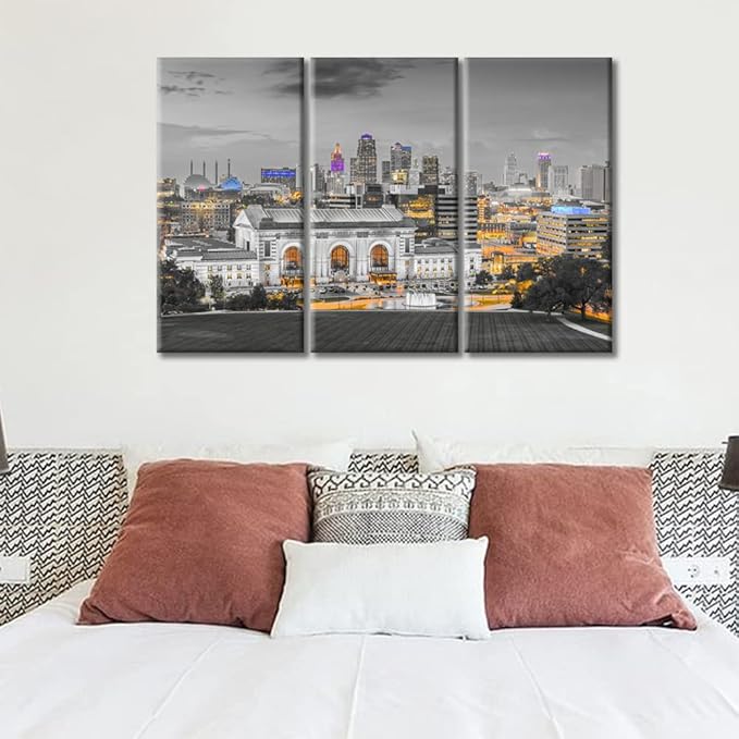 3 Panel City Skyline Black and White Wall Art Kansas City Missouri Skyline Wall Decor for Living Room Skyscrapers Artwork Wall Decor for Bedroom Posters and Prints Framed Ready to Hang (36"Wx24"H)