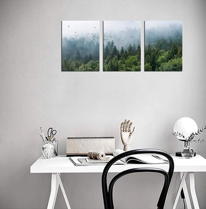 Green Forest Wall Art Tropical Foggy Forest Mountain Bird Contemporary Canvas Pictures Modern Artwork Framed for Bathroom Bedroom Nursery Living Room Home Office Kitchen Wall Decor 12" x 16" 3 Pieces