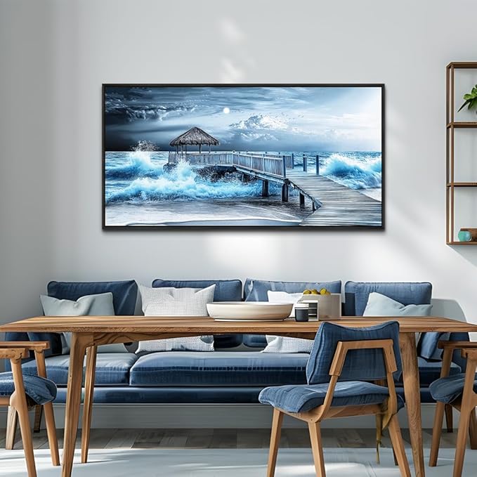 ERQINHUA Wall Decor For Living Room Canvas Wall Art For Bedroom Office Blue Wave Landscape Painting Black Frame Murals Artwork For Modern Stretched and Framed Beach Posters Home Decor 20"X40"