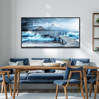 ERQINHUA Wall Decor For Living Room Canvas Wall Art For Bedroom Office Blue Wave Landscape Painting Black Frame Murals Artwork For Modern Stretched and Framed Beach Posters Home Decor 20"X40"