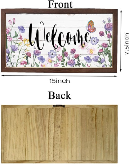 Flower Welcome Decoration, Welcome Signs for Front Door Porch Entryway Decor, Rustic Spring Home Decors, Wall Decor Art, Garden Yard Decors, Wooden Framed Wall Plaque 15×7.5×0.3 inches
