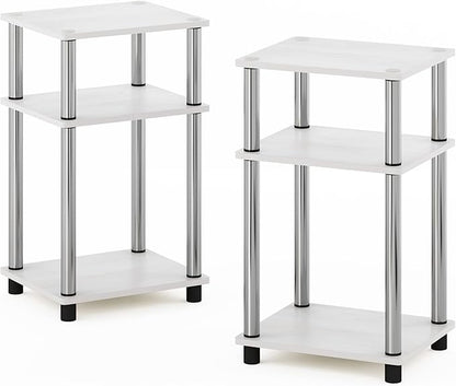 Furinno JUST Side Table Set of 2, 3-Tier Modern End Tables, Open Shelves Night Stand, Nightstand Set, Toolless Assembly, for Living Room, Bedroom, White Oak/Stainless Steel
