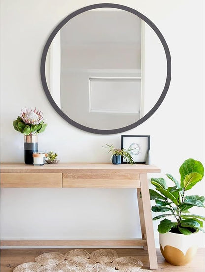 JJUUYOU Large Round Mirrors for Wall Circular Mirror for Bathroom 24 Inch Mirror Wood Framed Round Bathroom Make up Mirrors for Living Room Wall Mounted Bedroom Dorm