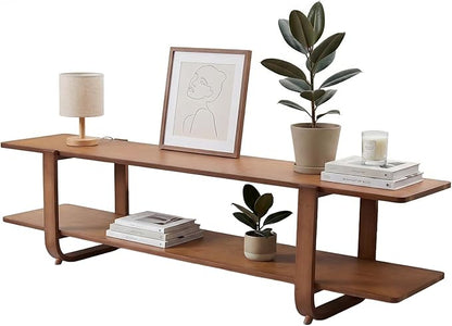 55" Bamboo TV Stand for 65 inch TV, Media Console Table with 2-Tier Shelves, Mid-Century Entertainment Center for Living Room, Bedroom, Walnut