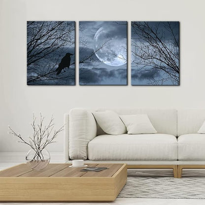 Pacimo 3 Pieces Canvas Art Wall Decor Full Moon Halloween Pictures Black and White Wall Art Painting Prints on Canvas Modern Artwork Stretched and Framed Ready to Hang - 12" x 16" x 3