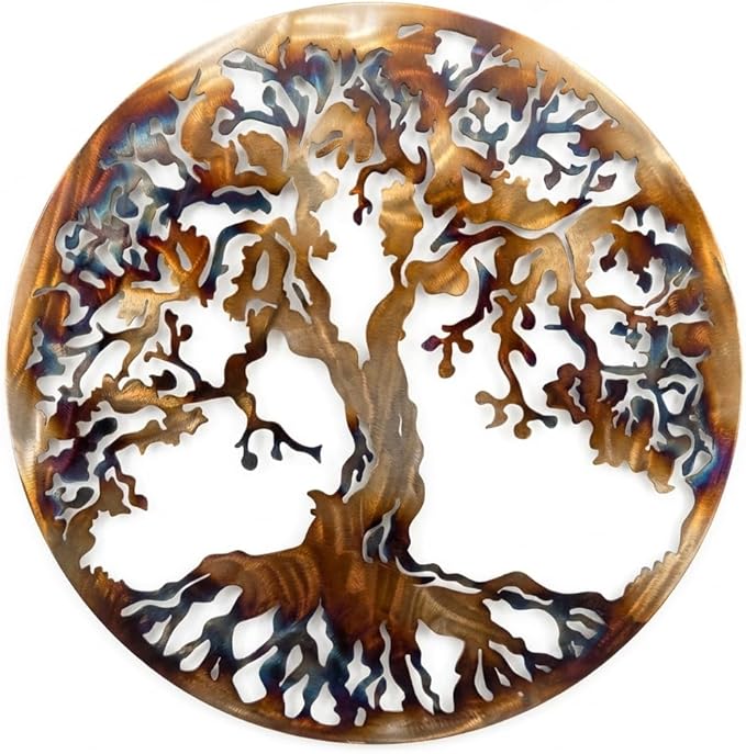 36” Tree of Life Metal Wall Art – Large Round Statement Wall Decor for Living Room Above Couch – Premium Laser-Cut Steel, Vibrant Heat Color Finish