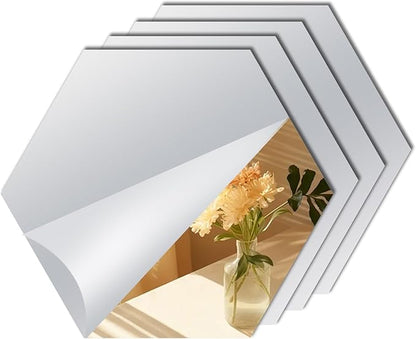 Hexagon Mirror Stickers for Walls 4 Packs 7.8''x7.8'' Self Adhesive Flexible Acrylic Wall Tile Decorative Peel and Stick Mirror Tiles Sheets Small 2mm Unbreakable Thick Stick on Mirrors for Door