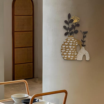 WOPARTY Rustic Metal and Wood Flowers Wall Art, Bohemian Vase with Flower Design, Black and Gold, 16.2x10 Inch, Farmhouse Wall Decor Home Bedroom Dining Room Housewarming