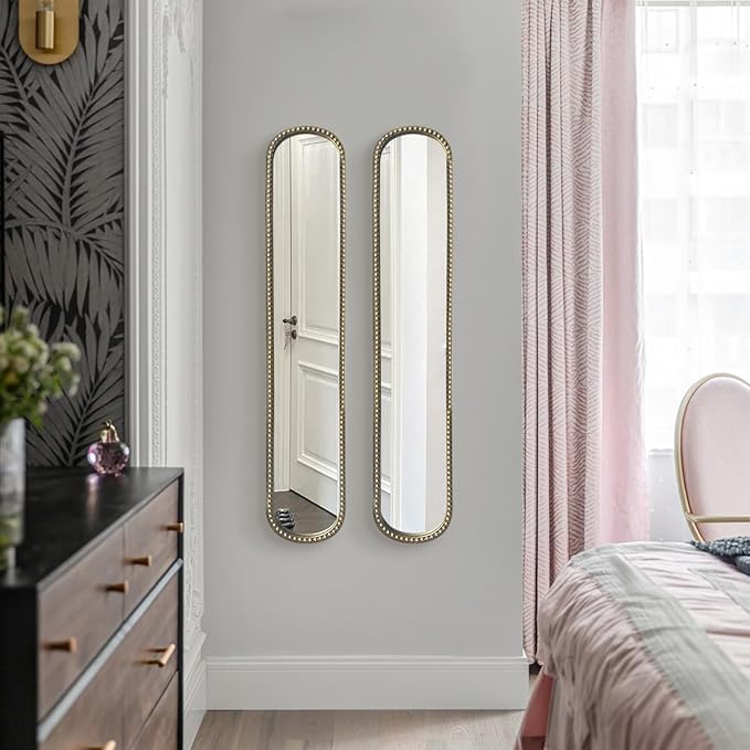 Long Skinny Mirror for Wall,Gold Narrow Oval Mirror for Entryway Bath,Metal Frame with Gold Decor Mirrors,7.9X 44 3-Pack