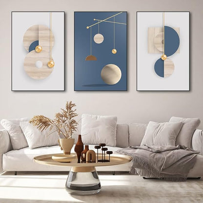 MPLONG 3 Pieces Framed Wall Art Canvas Print Set Minimalist Medieval Geometric Circle Abstract Illustration Modern Decor Multicolor Living Room Bedroom Office 20"x 28"x 3 Panels