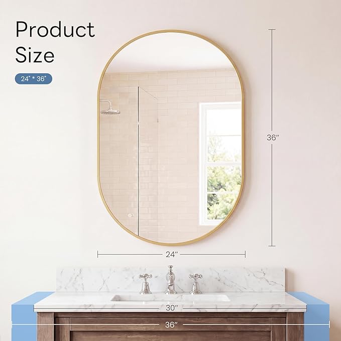 Sweetcrispy 24" x 36" Gold Bathroom Mirror for Wall, Oval Wall Mirror with Metal Frame, Tempered Glass, Modern Vanity Mirror for Over Sink, Living Room, Bedroom, Entryway, Horizontal or Vertical
