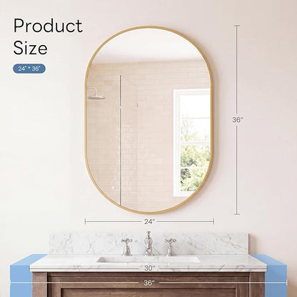 Sweetcrispy 24" x 36" Gold Bathroom Mirror for Wall, Oval Wall Mirror with Metal Frame, Tempered Glass, Modern Vanity Mirror for Over Sink, Living Room, Bedroom, Entryway, Horizontal or Vertical