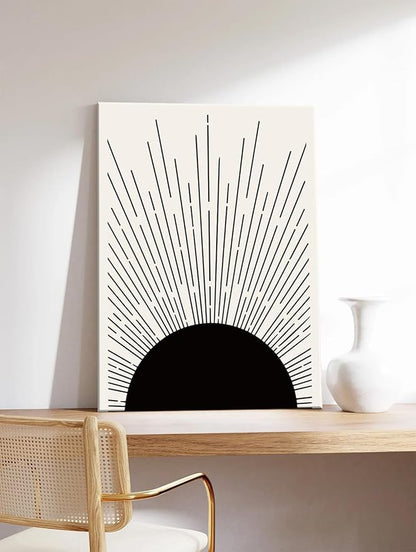 Hwetui Framed Boho Sun Wall Art Set of 2 Black and White Minimalist Sunrise Canvas Prints Abstract Sunshine Painting Geometric Line Pictures Home Decor for Living Room Bedroom Bathroom 16x24in