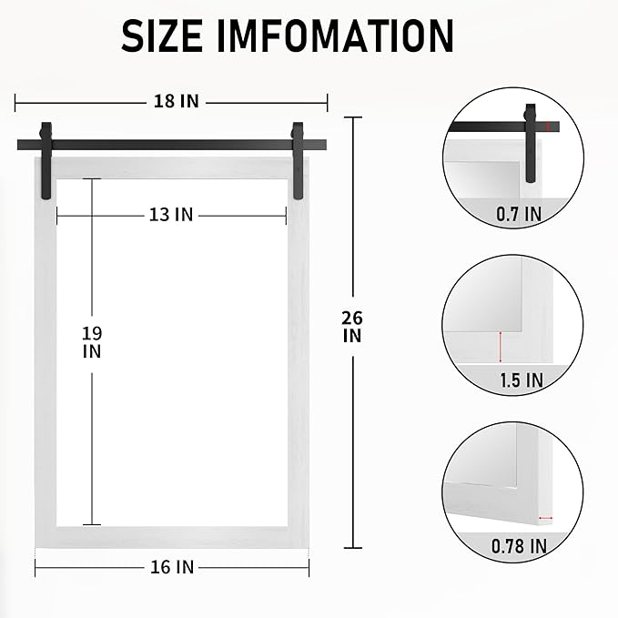 Farmhouse Bathroom Mirror, White Rustic Square Mirror for Wall Wood Framed Vanity Mirrors, Barn Door Style Decor Living Room Entryway Bedroom Mirrors, 18x26INCH (Hanging/Leaning)
