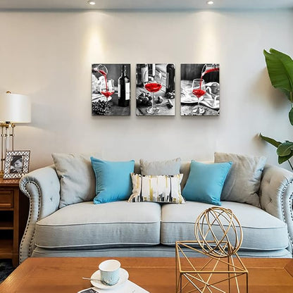 Canvas Wall Art For Kitchen Wall Decor For Dining Room Black And White Wine Glasses Painting Modern Red Wine Canvas Art Prints Ready To Wall Pictures For Restaurant Home Decorations 16"X24" 3 Pieces